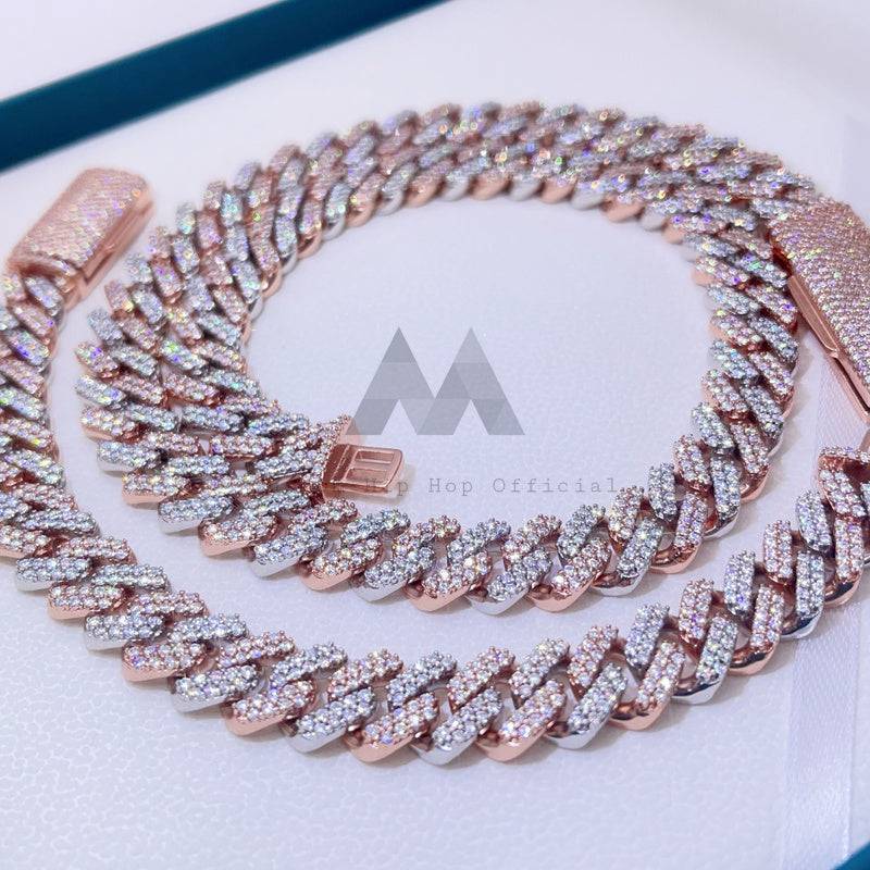 13MM Cuban Link Chain with VVS Moissanite Iced Out Rose Gold 2 Tone