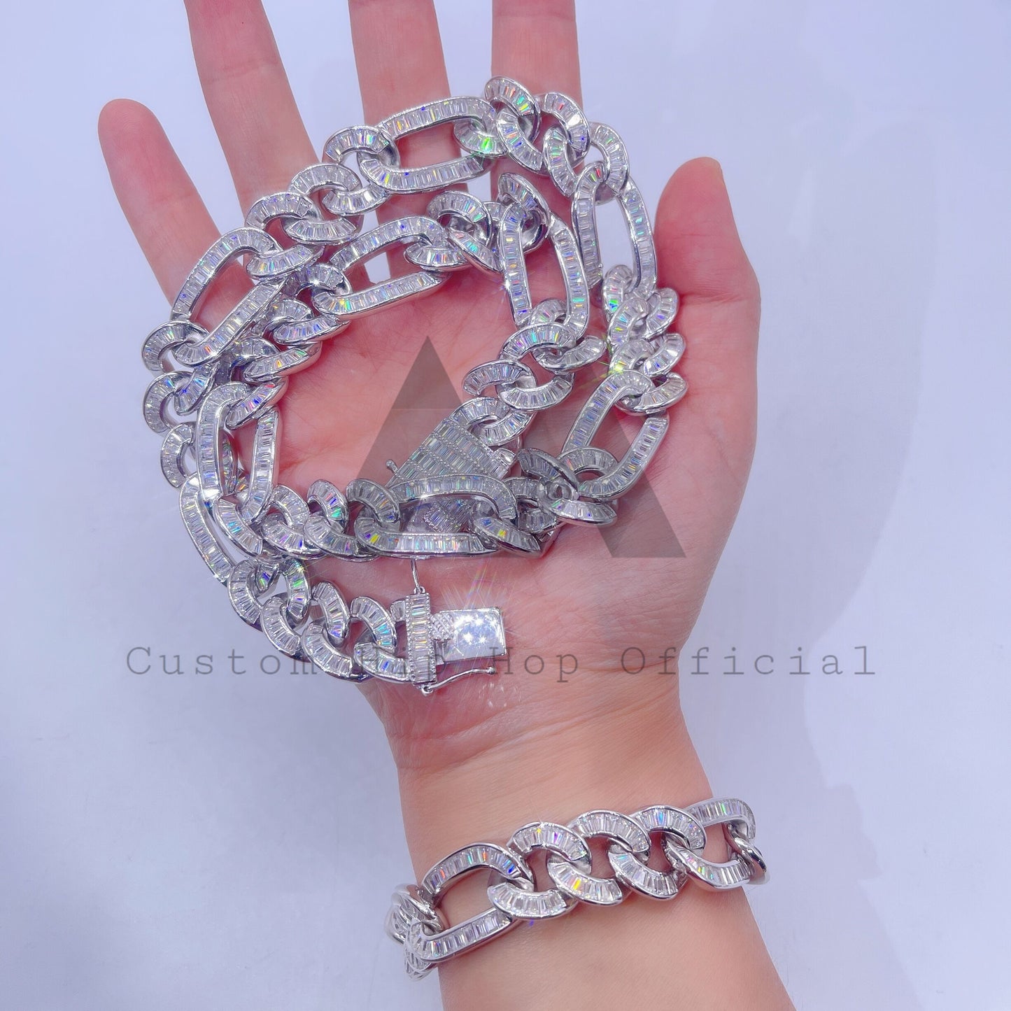 Corrente Hip Hop Iced Out Baguette Moissanite Diamante Iced Out Figaro 15MM