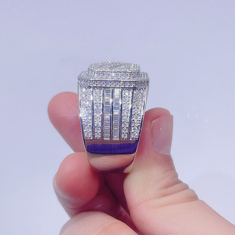 Мужское кольцо кластера из белого золота 925 пробы с покрытием из серебра 925 пробы с бриллиантом из муассанита багетной огранки