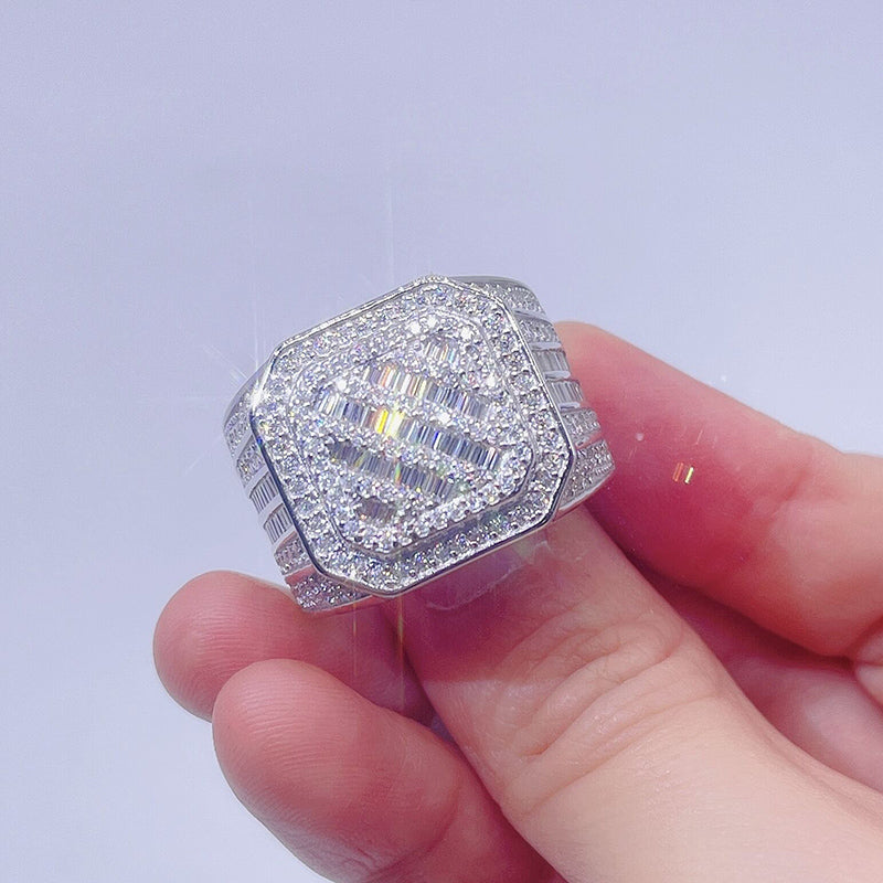 Мужское кольцо кластера из белого золота 925 пробы с покрытием из серебра 925 пробы с бриллиантом из муассанита багетной огранки