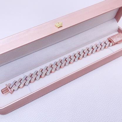 Кубинский браслет с муассанитом, 13 мм, VVS, муассанит, розовое золото, 2 тона, с длинным замком