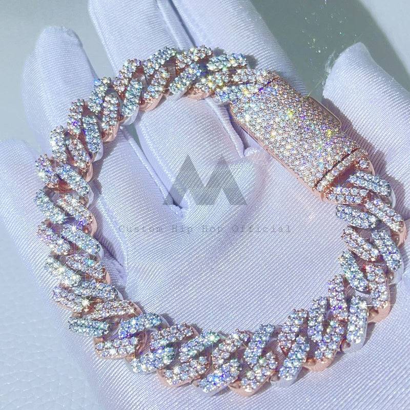 13MM Moissanite Cuban Bracelet VVS Moissanite Rose Gold 2 Tone with Long Lock