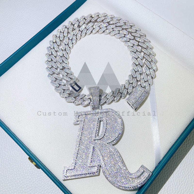 3 inch Initial R Pendant with 13MM Cuban Chain in Silver featuring VVS Moissanite Set1