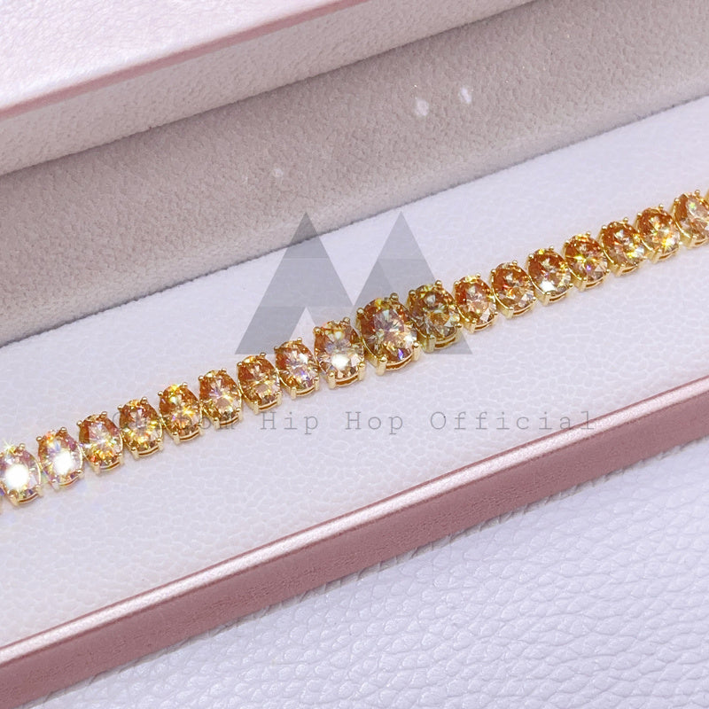 Elegant 37 CT oval cut fancy cut mixed size VVS champagne moissanite tennis bracelet with gold plating over sterling silver3