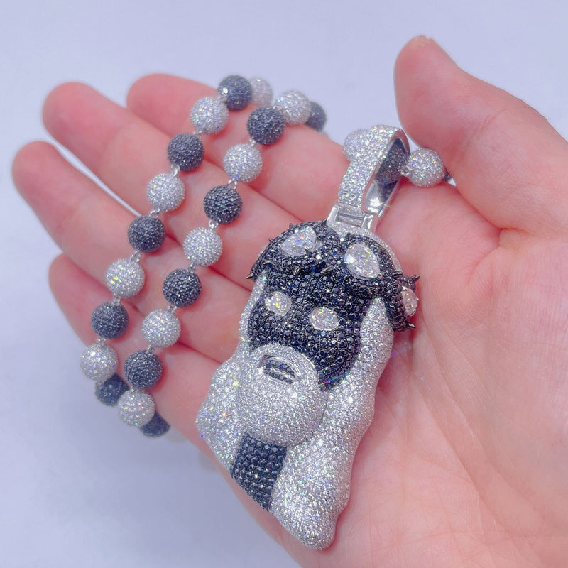 Black and White Moissanite 3D Fully Iced Jesus Pendant with Rosary Ball Chain2