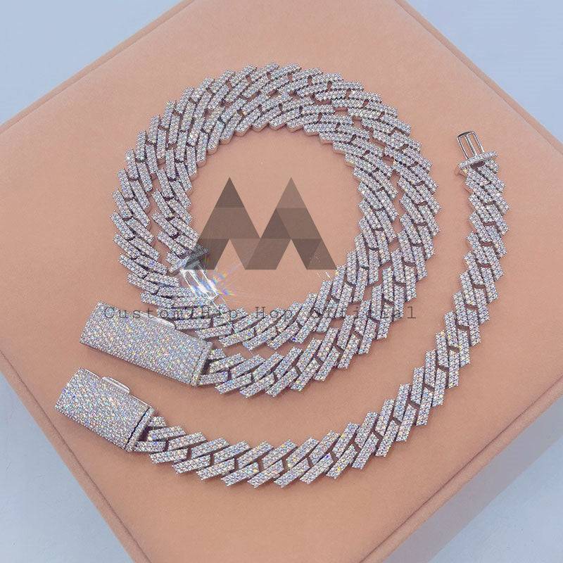 Sterling Silver 2 Rows 13MM Moissanite Diamond Cuban Link Chain Bracelet Set