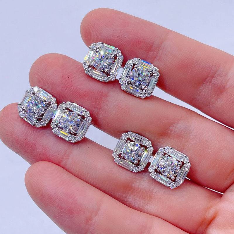 Elegant Sterling Silver VVS Moissanite Baguette Mix Stud Earrings