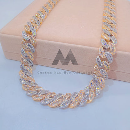 Yellow Gold 2 Tone 18MM Baguette Moissanite Cuban Link Chain Iced Out Hip Hop