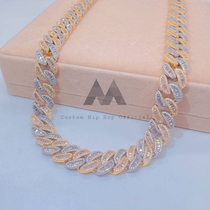 Yellow Gold 2 Tone 18MM Baguette Moissanite Cuban Link Chain Iced Out Hip Hop Jewelry2