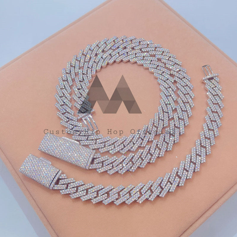 Conjunto de pulseira de corrente cubana com diamante moissanite de prata esterlina 2 fileiras 13 mm