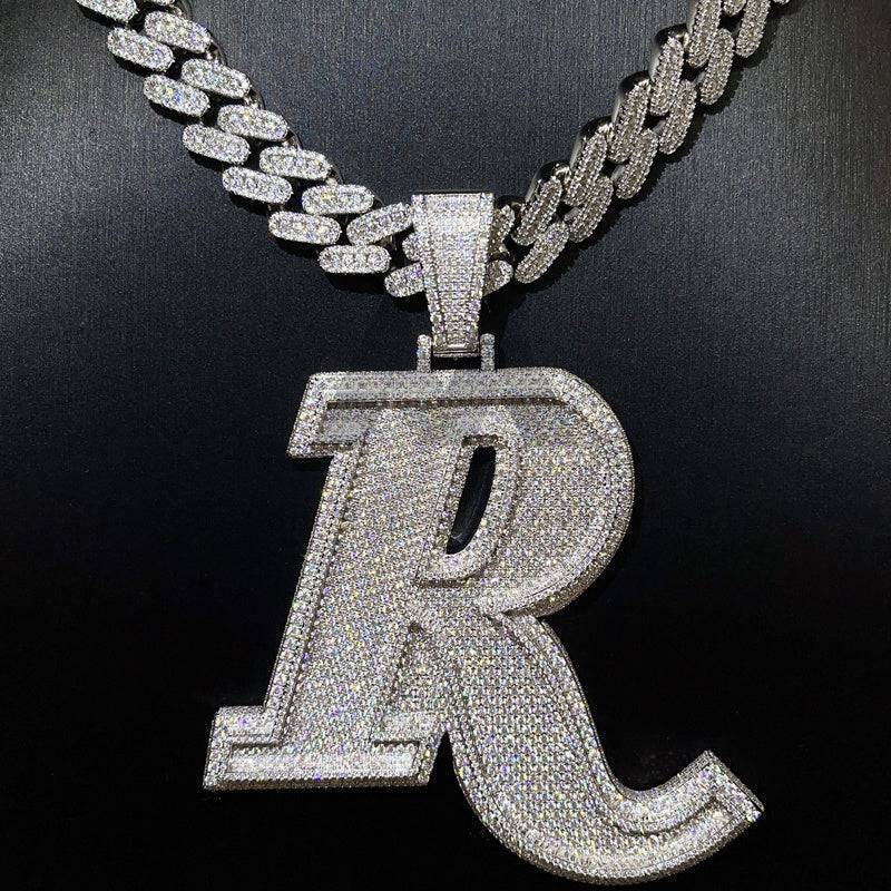 Hip hop jewelry featuring VVS Moissanite encrusted 'R' initial pendant with 13MM Cuban chain2