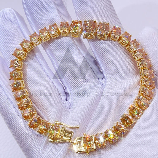 Elegant 37 CT oval cut fancy cut mixed size VVS champagne moissanite tennis bracelet with gold plating over sterling silver1