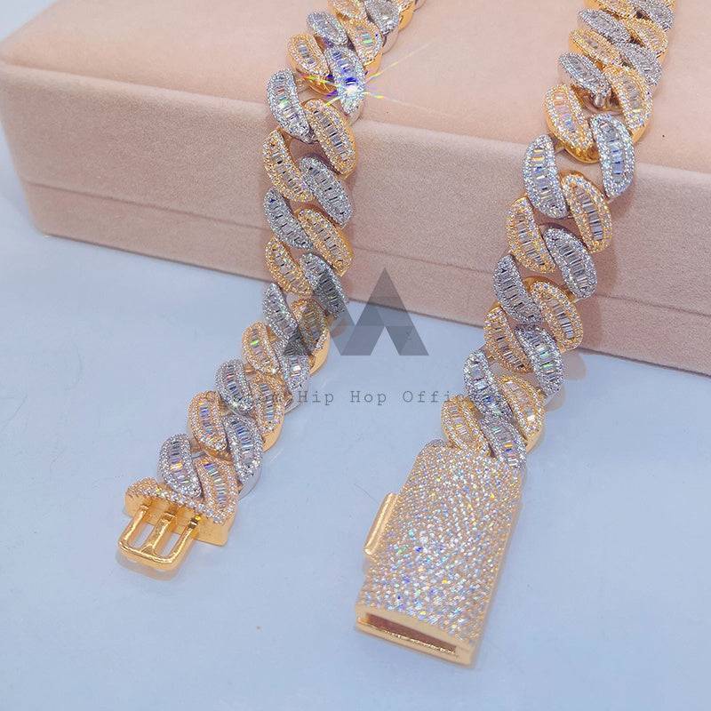 Yellow Gold 2 Tone 18MM Baguette Moissanite Cuban Link Chain Iced Out Hip Hop Jewelry0