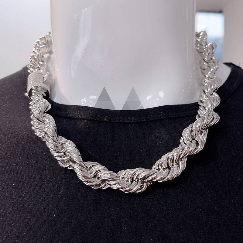 15MM Iced Out Moissanite Diamond Clasp on Silver Rope Chain with VVS Diamonds