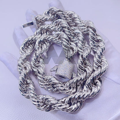 15MM Iced Out VVS Moissanite Diamond Silver Rope Chain with Diamond Clasp3