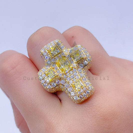 Iced Out New Fashion Yellow Moissanite Cross Ring Sterling Silver 14K Gold Plated