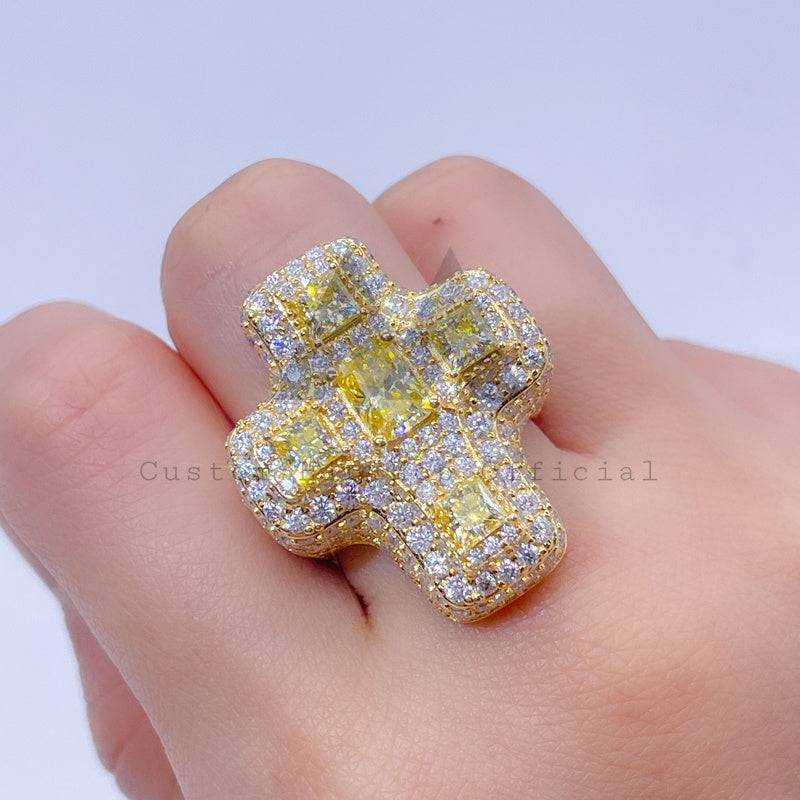 Iced Out New Fashion Yellow Moissanite Cross Ring Sterling Silver 14K Gold Plated Hip Hop Jewelry0