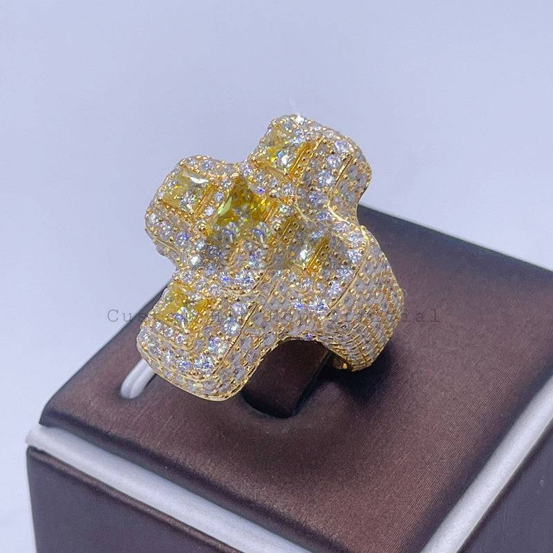 Iced Out New Fashion Yellow Moissanite Cross Ring Sterling Silver 14K Gold Plated Hip Hop Jewelry1