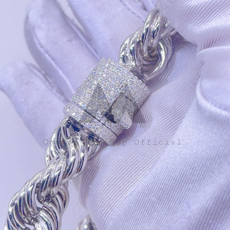 15MM Iced Out VVS Moissanite Diamond Clasp on Sterling Silver Rope Chain0