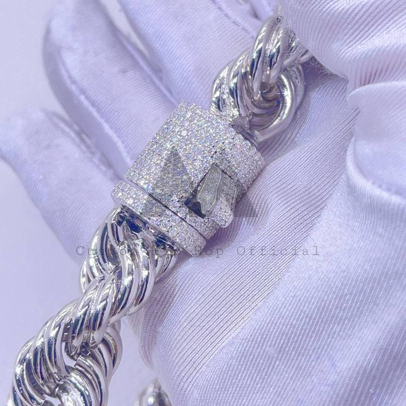 15MM Iced Out Moissanite Diamond Clasp on Silver Rope Chain with VVS Diamonds