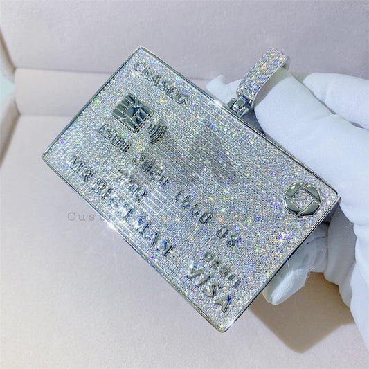 Solid Silver VVS Moissanite Iced Out Pendant resembling a Credit Card0