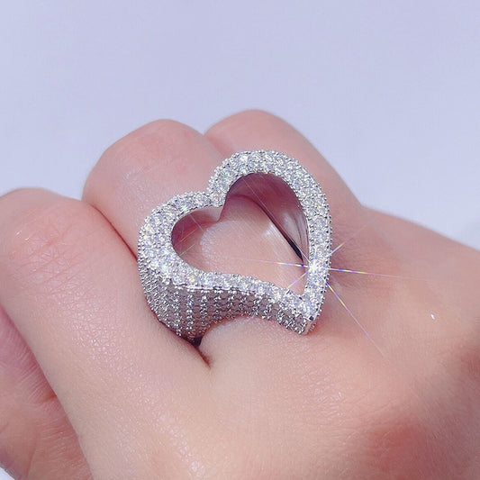 925 Sterling Silver Fully Iced Out VVS Moissanite Heart Ring For Women