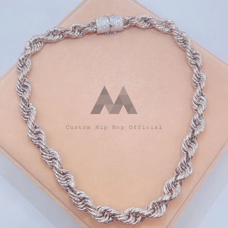 Corrente de corda lisa em prata sólida 925 13 mm com fecho de moissanite gelado