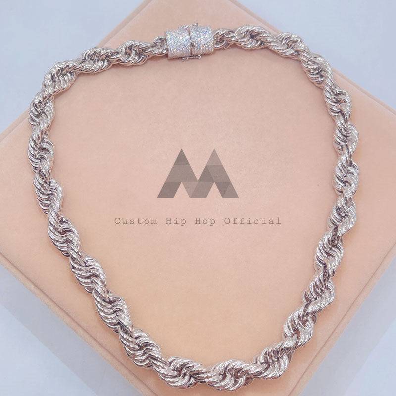 Solid Silver 925 13MM Plain Rope Chain with Iced Out Moissanite Clasp hip hop jewelry2