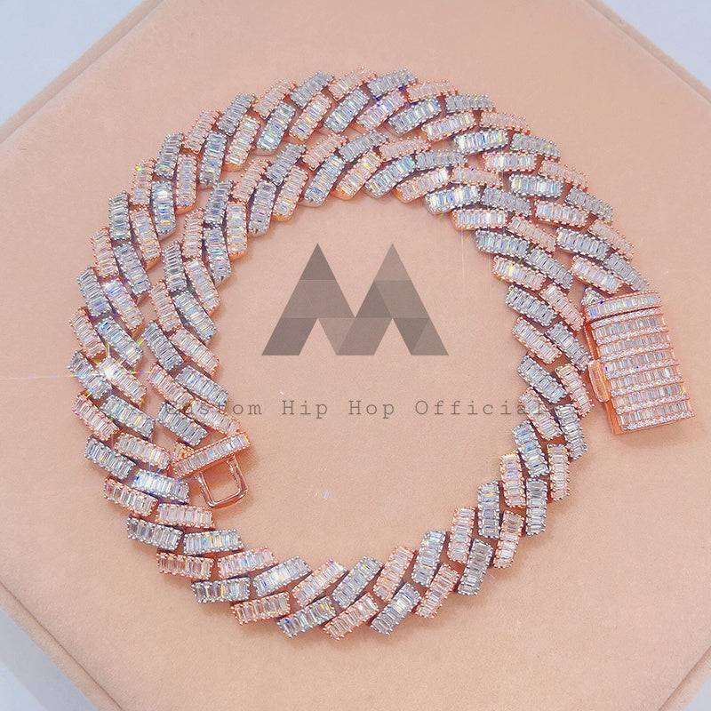 15mm 2 Row Baguette Cut Moissanite Link Cuban Chain Hip Hop