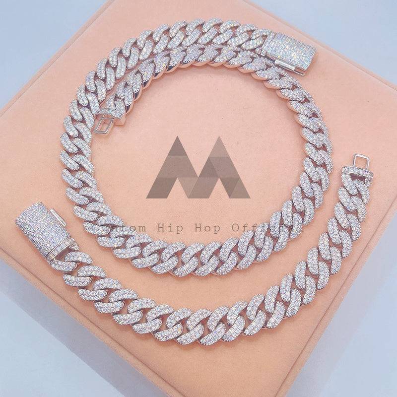 Hip hop jewelry featuring 15MM 2-Row Iced Moissanite Cuban Chain