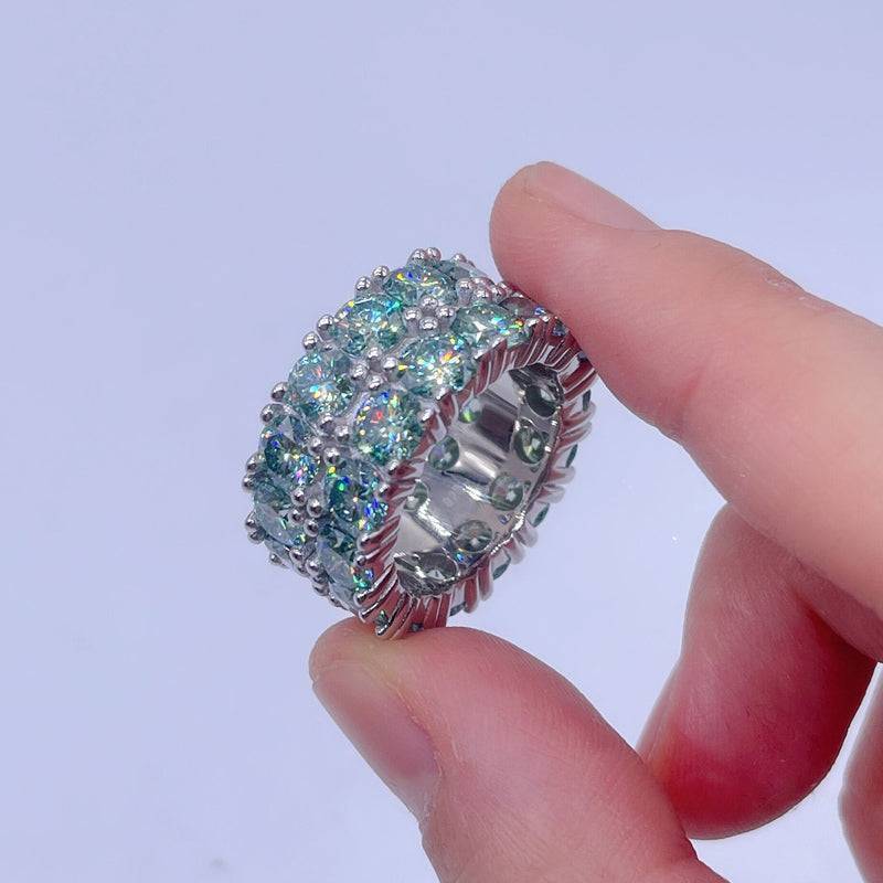 2 Rows 4MM Moissanite Eternity Ring With Tiffany Blue Moissanite Diamonds