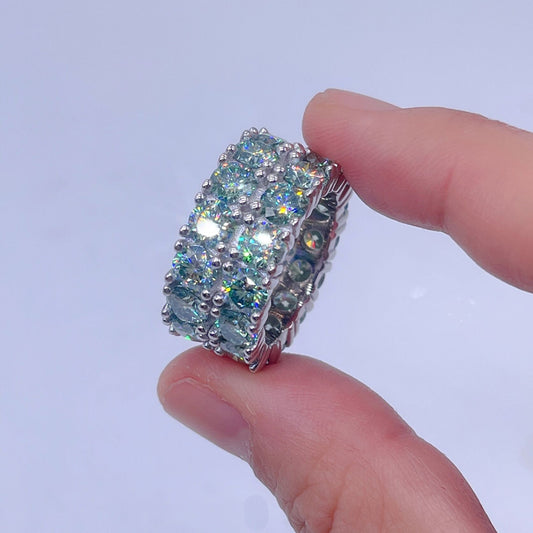 2 Rows 4MM Moissanite Eternity Ring With Tiffany Blue Moissanite Diamonds