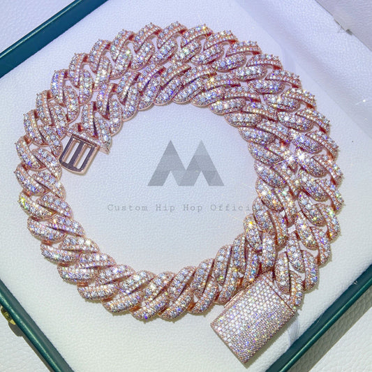 Hip hop jewelry VVS Moissanite 20MM Miami Cuban Chain in Rose Gold Plated Silver2