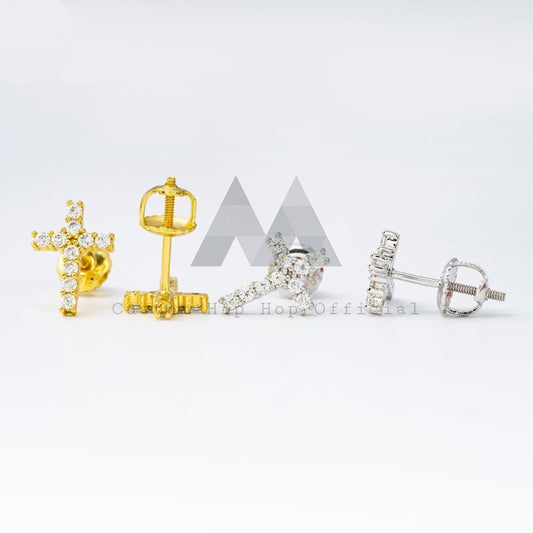 Мини-серьги-гвоздики с крестом из муассанита и бриллианта из белого золота, желтого золота
