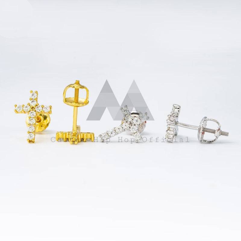 Mini size Moissanite diamond cross stud earrings in white and yellow gold hip hop jewelry