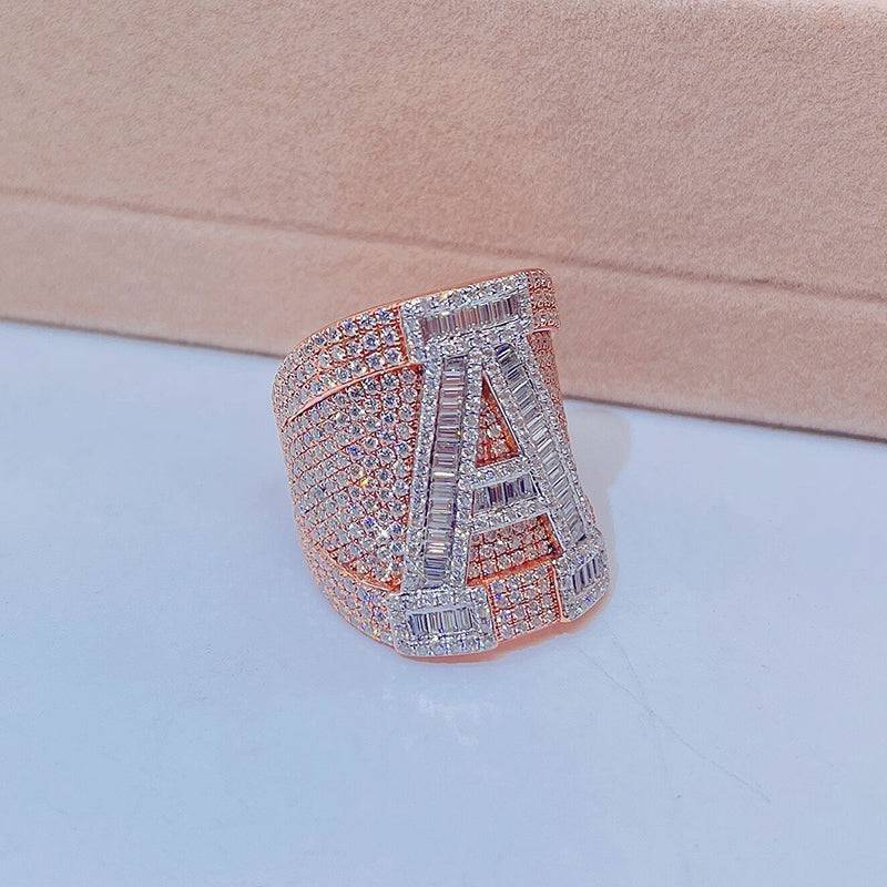 Rose Gold 2 Tone Baguette Moissanite Letter Initial Ring Iced Out Hip Hop Jewelry0