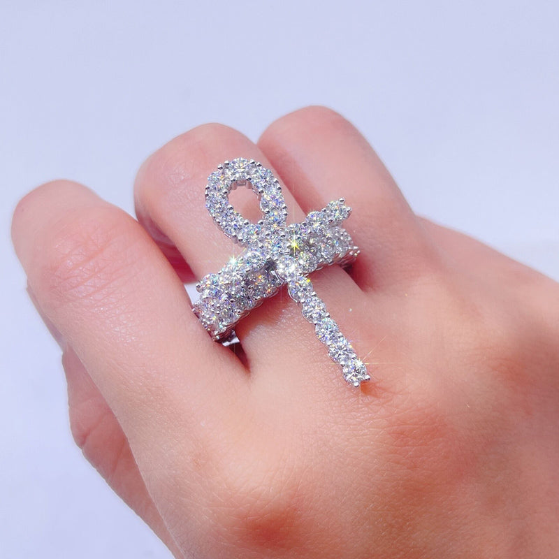 Sterling Silver Moissanite Diamond Ankh Cross Ring Iced Out