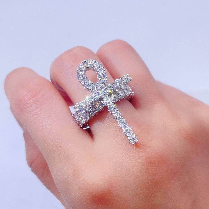 Iced out hip hop jewelry featuring Sterling Silver Moissanite Diamond Ankh Cross Ring2