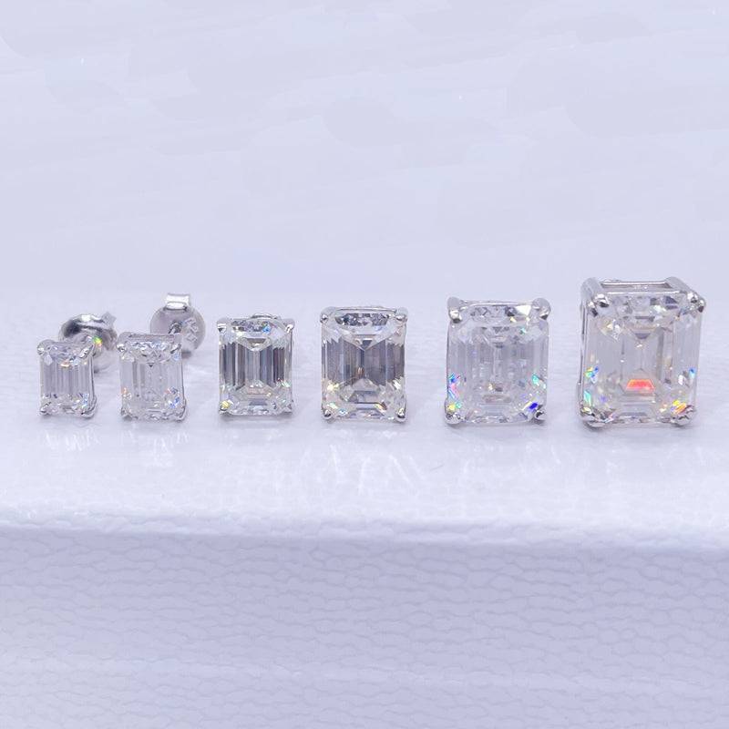 Hip hop jewelry featuring White Gold Over Sterling Silver 925 Emerald Cut VVS Moissanite Studs with Screw Back