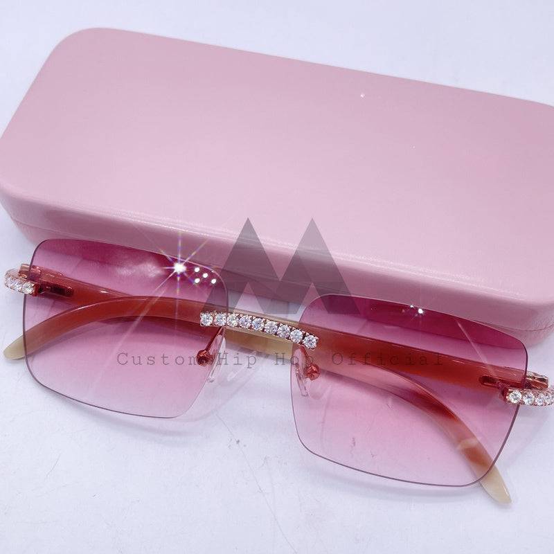 Hip hop jewelry featuring light pink lens 10K rose gold VVS moissanite iced out sunglasses1