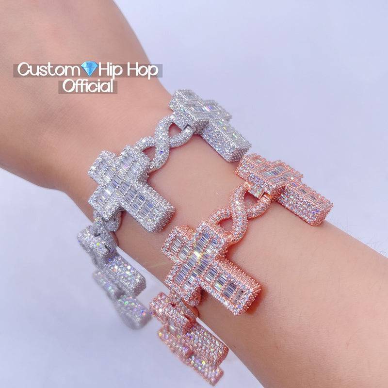 New Arrival Baguette Moissanite Cross Charm Infinity Cuban Link Bracelet 8 inch in White Gold and Rose Gold, hip hop jewelry0