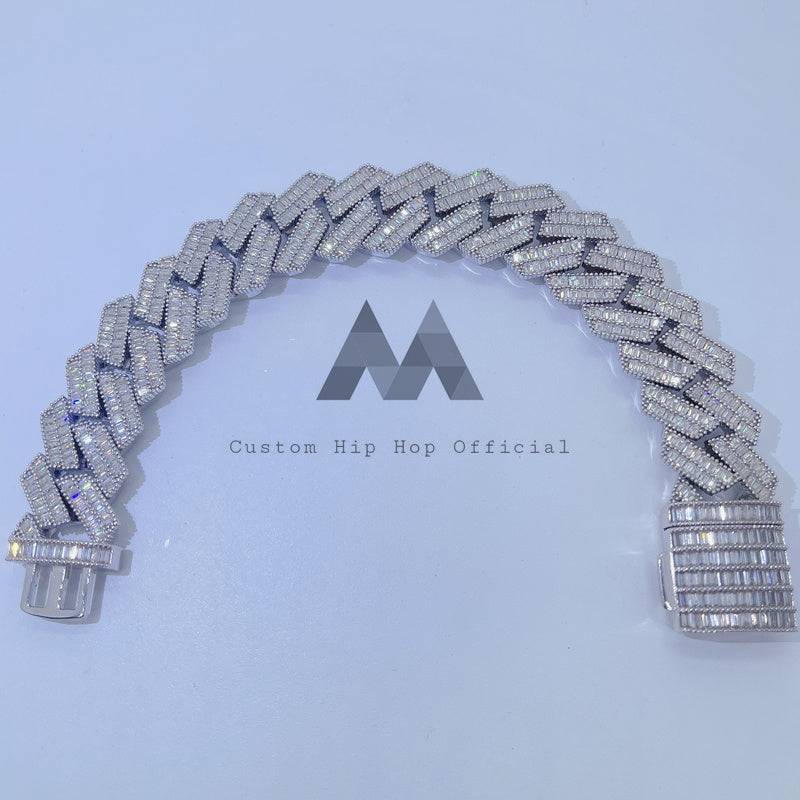 Hip Hop Buss Down 20MM 2Row Baguette Cuban Link Pulseira Prata Esterlina Ouro Branco