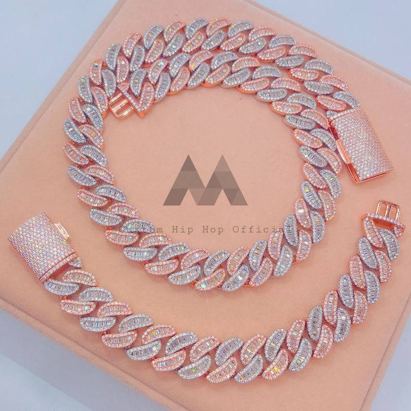 Iced Out Buss Down Rose Gold 2 Tone 18mm Baguette Moissanite Cuban Link Chain hip hop jewelry1