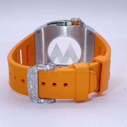 Caixa de relógio de diamante VVS Moissanite feita sob medida em aço inoxidável com faixa de borracha