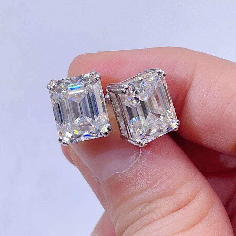 Hip hop jewelry featuring White Gold Over Sterling Silver 925 Emerald Cut VVS Moissanite Studs with Screw Back