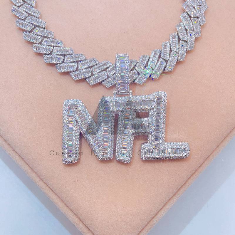 Custom made VVS Moissanite baguette style initial letter pendant name chain in hip hop jewelry1