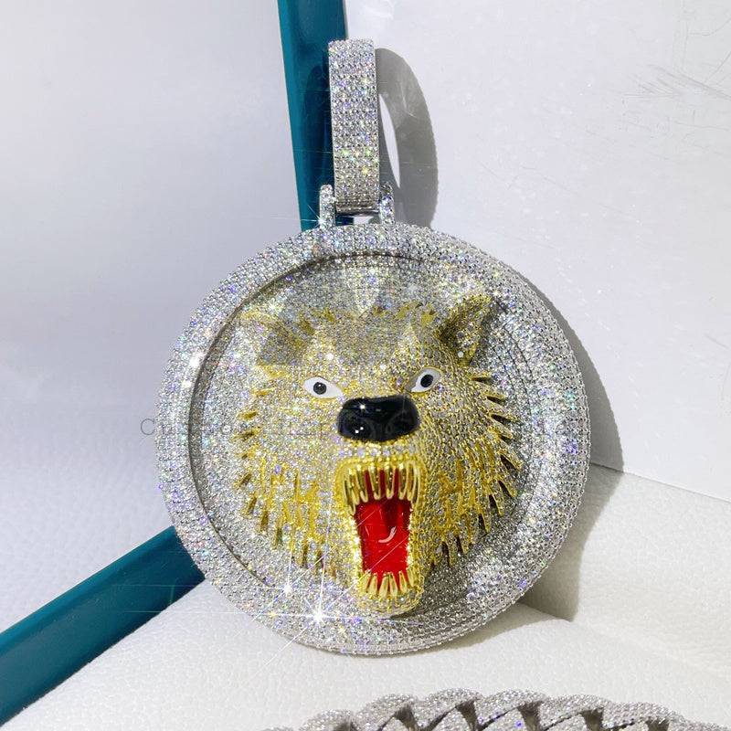 Hip hop jewelry featuring VVS Moissanite Wolf Head Pendant in 925 Sterling Silver, Custom 2.5 inch2