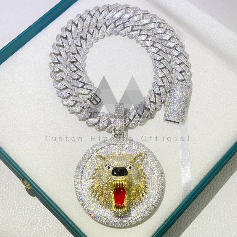 Hip hop jewelry featuring VVS Moissanite Wolf Head Pendant in 925 Sterling Silver, Custom 2.5 inch0