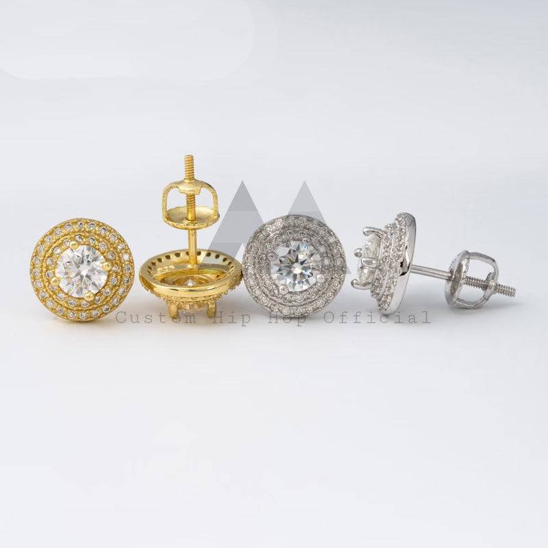 Hip hop iced out fashion jewelry featuring screw back halo diamond moissanite stud earrings for men