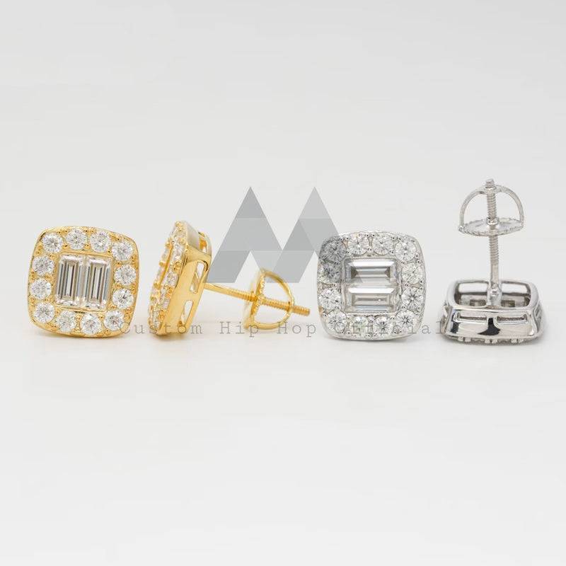 Hip hop jewelry featuring white gold and yellow gold over 925 silver with baguette moissanite stud earrings and screw back